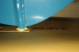 LARGE INDOOR MODERNIST WHIRLIGIG OF A SURFER BOY ON SURFBOARD AND RIDING A WAVE WOOD AND METAL WITH WEIGHTED BASE.  SIGNED BY NOTED ARTIST: JAMES WARREN 87