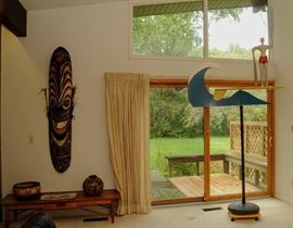 LARGE RARE PAPUA NEW GUINEA DANCE SHIELD ~ LARGE INDOOR MODERNIST WHIRLIGIG OF A SURFER BOY ON SURFBOARD AND RIDING A WAVE WOOD AND METAL WITH WEIGHTED BASE.  SIGNED NOTED ARTIST: JAMES WARREN 87