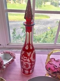 Ruby Vintage Etched Glass Decanter