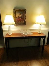 SOFA TABLE, WATERFORD LAMPS, WATERFORD