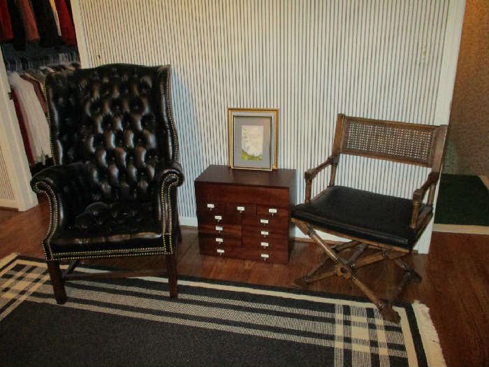 LEATHER CHAIR, STORAGE BOX W/DRAWERS, DIRECTORS CHAIR