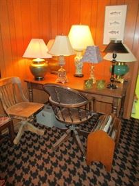 TABLE, LAMPS, WOOD SWIVEL CHAIRS