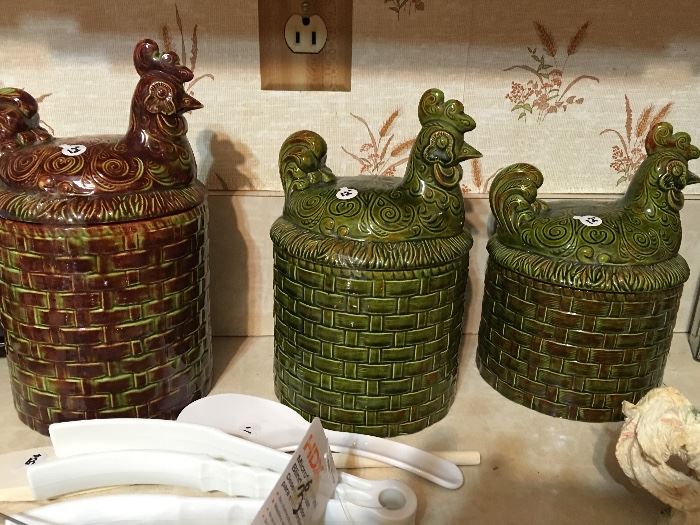 Vintage Cockery Canister Set with Rooster Tops