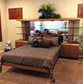 Beautiful Bedroom Set with mirrored headboard and glass shelves, and built in end tables