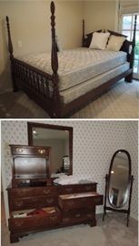 Queen 4 poster bed, Framed mirrors, standing mirror, Dresser with mirror bed tables