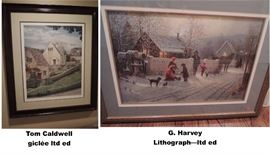 Artwork! Lots of framed art including limited edition works by Tom Caldwell, G. Harvey, Mary Bertrand, Ronnie Wells, B. Herd