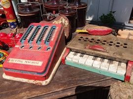 Tin adding machine, tin toy piano