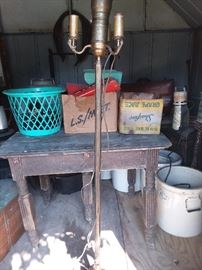 5 legged antique table, vintage floor lamp