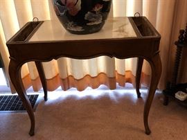 Rare 1950's Drexel plant stand with removable liners on the sides and calcutta gold marble in the middle.  Amazing piece