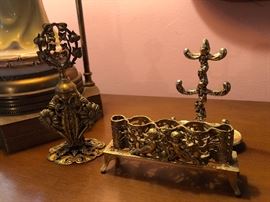 Brass Ormolu Perfume bottle with glass tip and container.  lipstick holder and ring holder