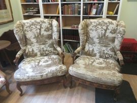 Toile wingback chairs. Hand tied seats