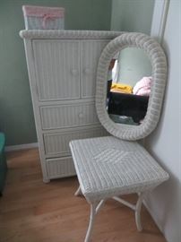 White wicker set. Chest, table, mirror