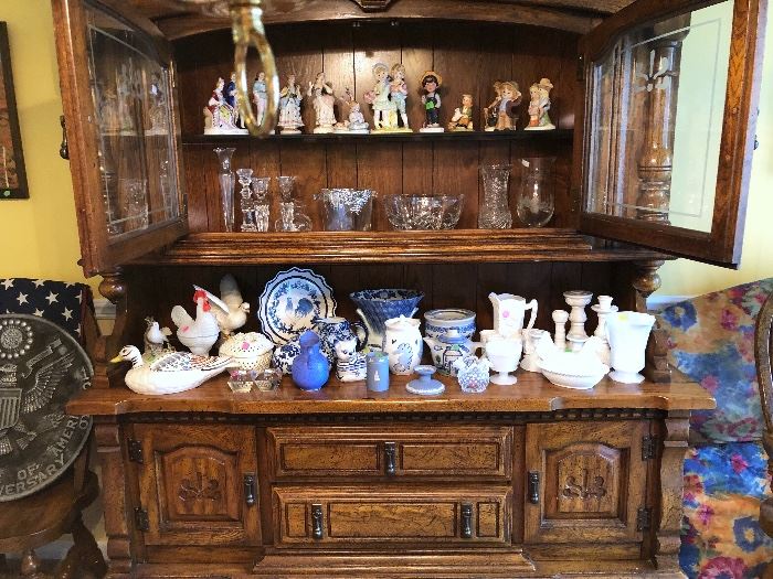 Collectible figurines.  Solid wood china cabinet. Milk glass, Fenton.