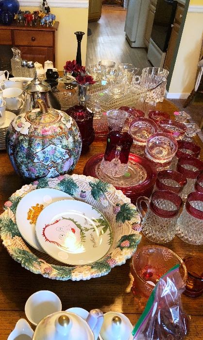 Famille rose vase, Victorian coffee service, Fitz and Floyd, Taste Setter Sigma. Ruby red fairy light. Cranberry depression glass. 