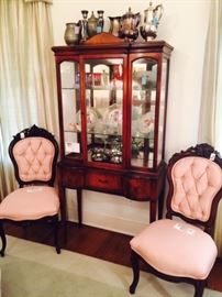 Antique Chairs, Mahogany Curio, Cut Glass, Silverplate, Pewter, Art Glass