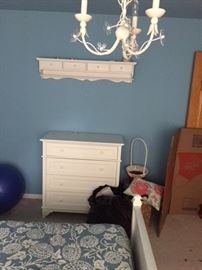 Pottery Barn nightstands (2), shelving unit with drawers, lovely chandelier.