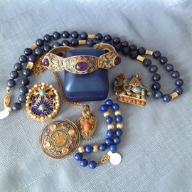 Lapis/14k, Cloisonne/filigree jewelry with semi precious stones