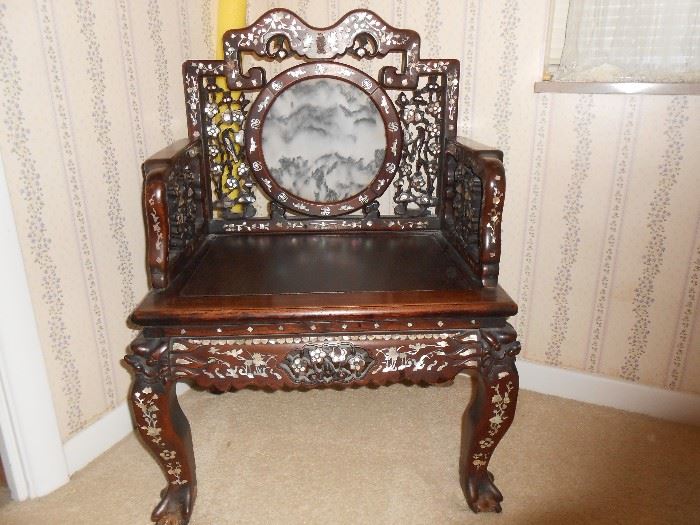 TAKING bids!!!! and....What a statement! Possible Meiji period.....Vintage Oriental, ornately carved/mother of pearl/throne chair. Center back marble mountain scene encircled with mother of pearl designs.