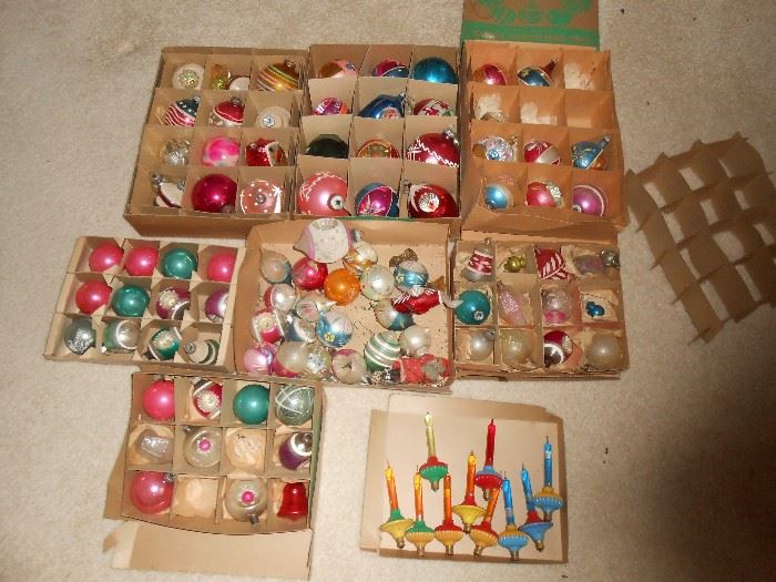 Many Mercury glass Christmas ornaments