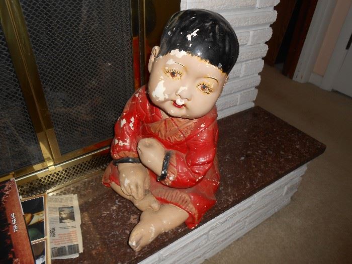 Chalk-ware Oriental figure approx. 18" tall and weighs about 20 lbs.