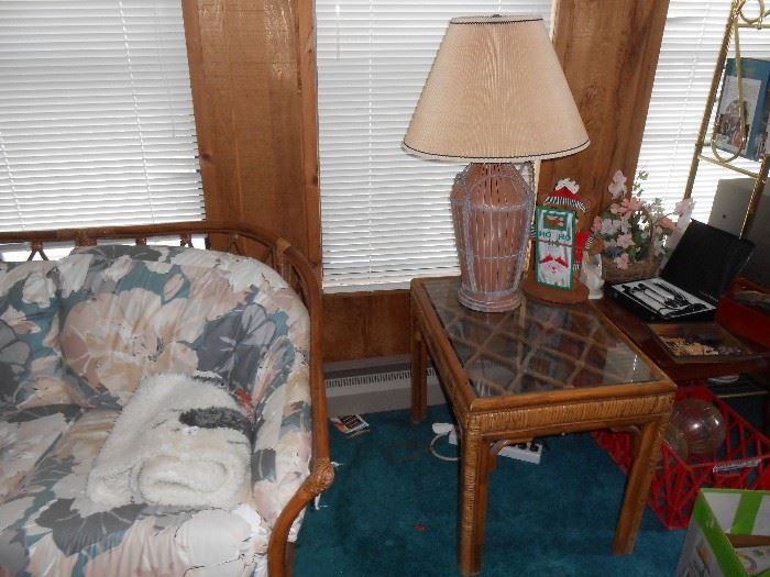 Rattan end table and wicker lamp