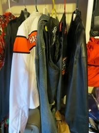 Harley jackets, vests, and t-shirts