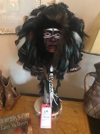 Lot 24: Signed Native American Mask on Stand with Fur & Feather Accents
