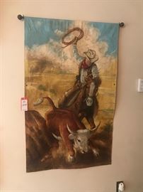Lot 26: Unstretched Painting of Cowboy Roping a Bull