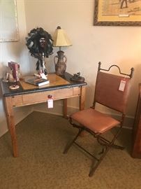 Lot 33: Map Top Desk or Vanity with Wrought Iron & Leather Chair