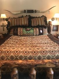 Lot 36: 5-Piece Custom King Sized Bedding, Tribal Motif with Hen Feather, Brass & Painted Accents