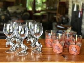 Lot 51: Lot of Western Theme Glasses- 4 with Tooled Leather/ 5 with Pewter Horses