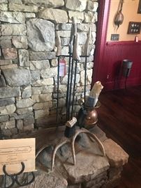 Lot 63: Custom Elk Antler Fireplace Tools with Texas Star Firescreen (Photo 2 of 2)