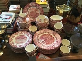 Lot 115: 70 pcs. Wedgwood, Johnson Bros., Red & White Pottery Dinnerware