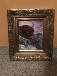 Lot 215: Framed Oil on Canvas of Wine Glass and Forks, Titled "Fork the Others" signed on Verso 