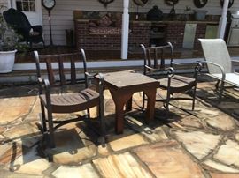 Lot 264: Pair of Rustic Wood and Hand Forged Iron Rockers with Table 