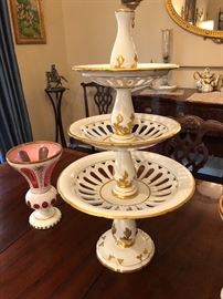 Porcelain three tier centerpiece stand from Portugal.  It is 2 ft 3 ins H x 15 ins at the widest point