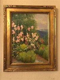 Framed oil on board  painting by Joseph Henry  Sharp (1859 - 1953), signed on lower right.   This painting has been in the family's possession since the 1920's.  J H Sharp was an American painter who was inspired by Taos, New Mexico  after his first visit in 1893.   Member of the Taos school of American Western art.  He was a founding member of the Taos Society of Artists.  The size is 12 ins x 16 ins.  This family was involved in Corsicana's early oil history and they traveled a lot to Taos.   This was purchased directly from his studio in Taos.    The family purchased this painting directly from Sharp's studio in Taos,  which would have been the one after the studio in the Luna Chapel.  The still life is of hollyhocks from Sharp's garden.   This painting has been in owned by the same family since.     This painting will not go to 1/2 off, but serious offers will be considered.   