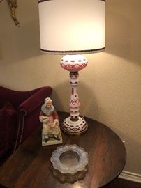 One of a matching pair of Monumental Bohemian  cut overlay Opaline and Ruby Red glass table lamps. 