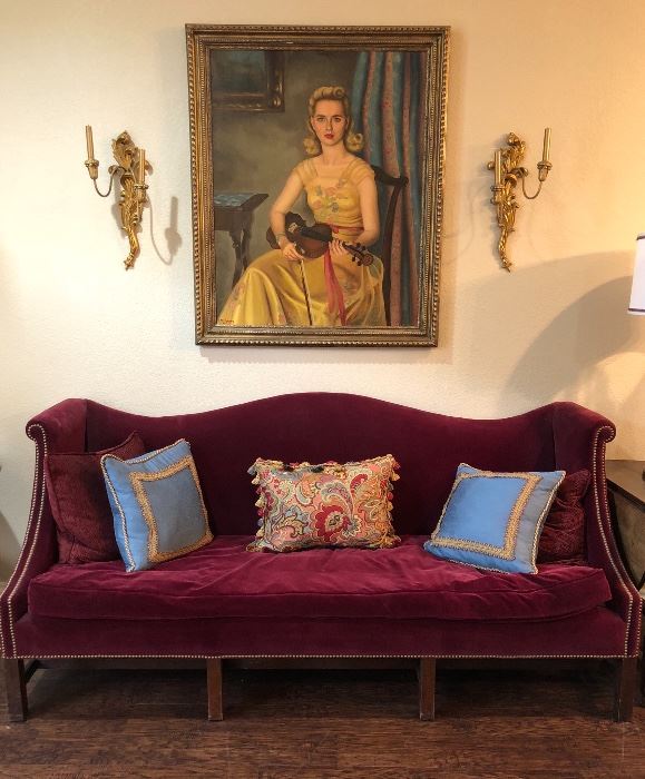 Antique Chippendale hump camel serpentine back sofa with nail head trim ,plain eight legs and plain stretcher placed a quarter of the way back. It is  7 ft 5 ins L x 3 ft 1 in H x 32 ins deep    (This portrait of Mrs Story is being kept by the family) 