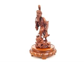 Antique Asian Rosewood Fisherman Sculpture on Pedestal