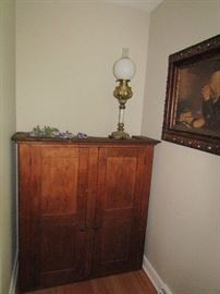 Oak cabinet, framed artwork