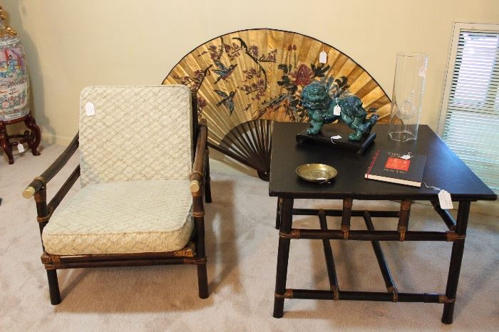 Rattan chair, large rattan side table and large oriental wooden fan