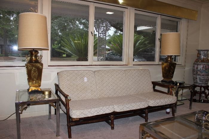 Rattan sofa, 2 chrome and glass side table and pair of large vintage oriental brass lamps