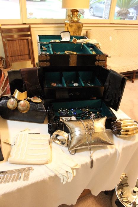 Vintage jewelry box, jewelry and purses. 