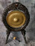 Antique Chinese carved hongmu wood and bronze gong 19th C. H: 34 1/4