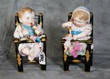 Pair of Meissen quality porcelain figures of Children in Highchairs. 9"