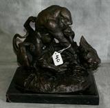 Bronze Gorrila attacking a lion.H:12" signed: C. Masson