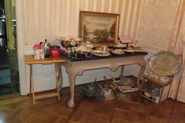 1 of 2 claw foot tables and some of silver