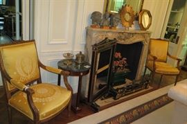 pair antique chairs, scalamandre fabric, fenders, and mantle decor