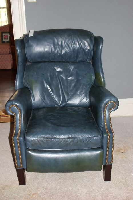 Blue leather recliner.